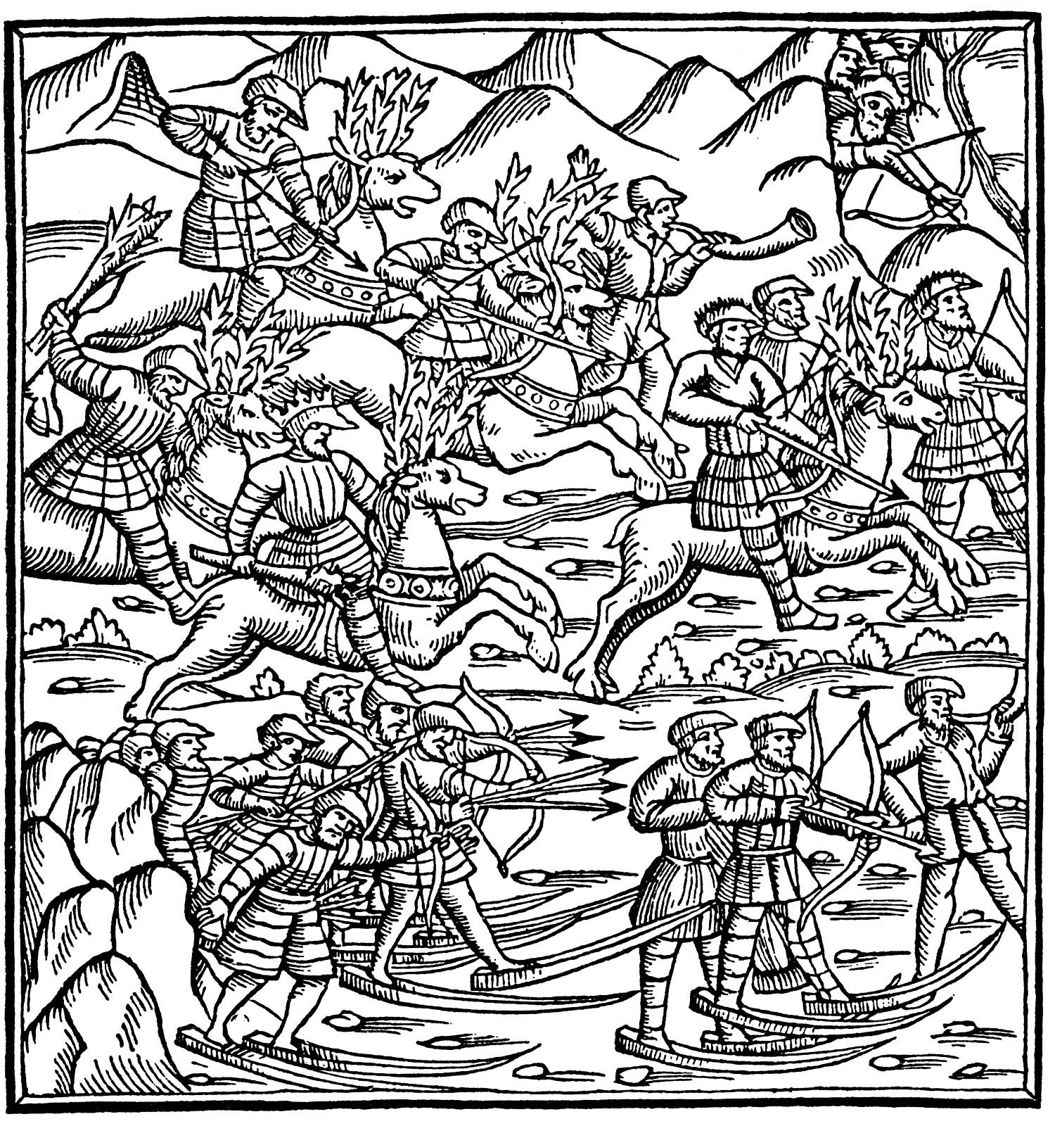 A sixteenth-century engraving showing soldiers armed with bows and arrows skiing on wooden shoes with long pointed toes; three riders mounted on reindeer draw bow and arrow; two riders brandish clubs, one of whom wears a crown representing&nbsp;Tengild, King of Finnmark.