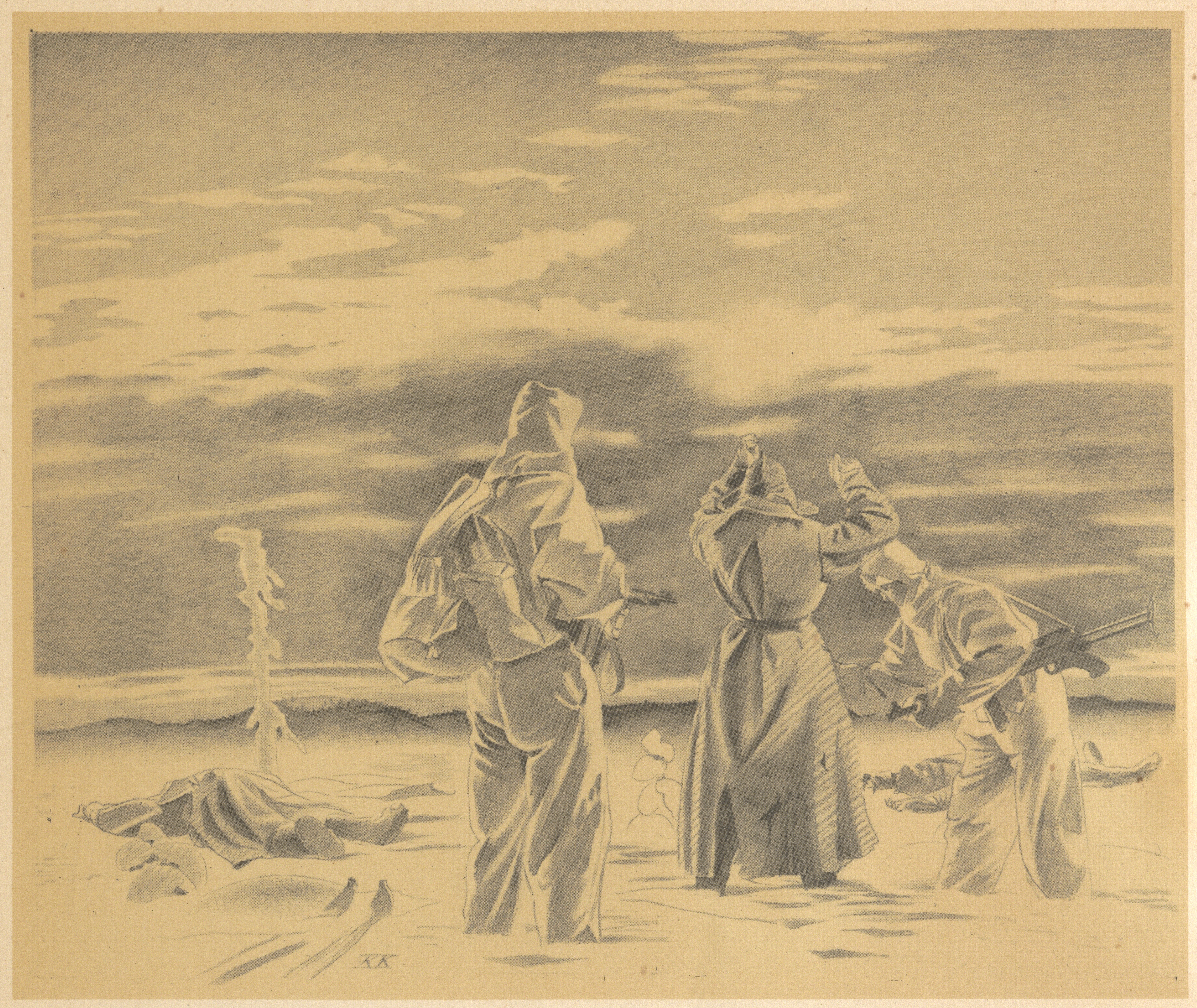 Two German soldiers in white camouflage hold at gunpoint a Russian prisoner with arms above his head; two bodies lie in the snow; a pair of skis extends into the foreground from outside the picture’s edge.