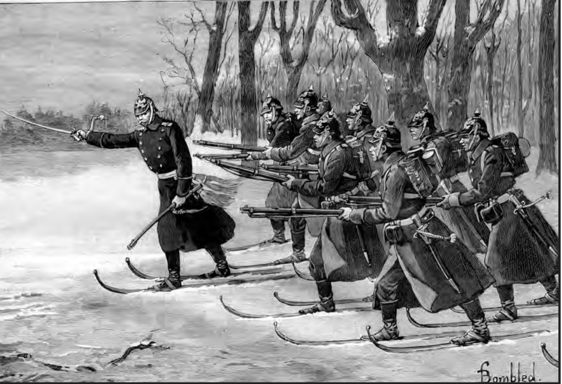With saber drawn, a German army officer on skis leads a team of eight ski troopers with rifles ready at the hip out of a forest into a clearing. All members of the platoon wear Prussian-style&nbsp;Pickelhauben rather than appropriate winter headgear. Neither the officer nor troopers have ski poles.