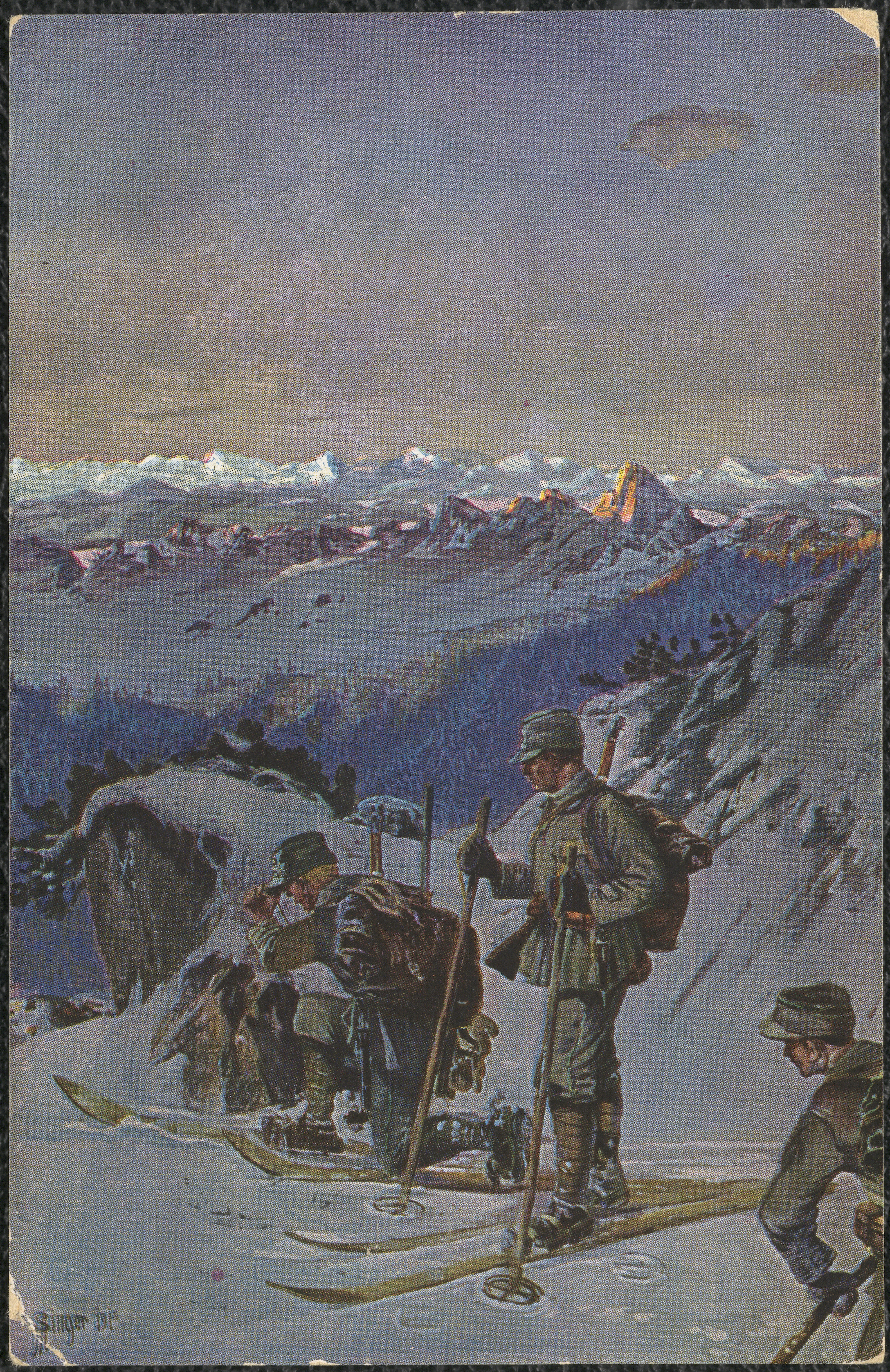 Three German ski troopers pause on an Alpine overlook. A kneeling figure peers through binoculars as his companions observe.