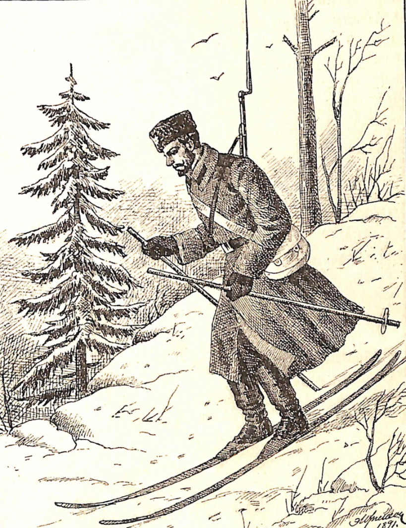 A soldier of the Russian Imperial Army with rifle and attached bayonet slung across his back skis downhill in greatcoat and&nbsp;papakha&nbsp;hat.