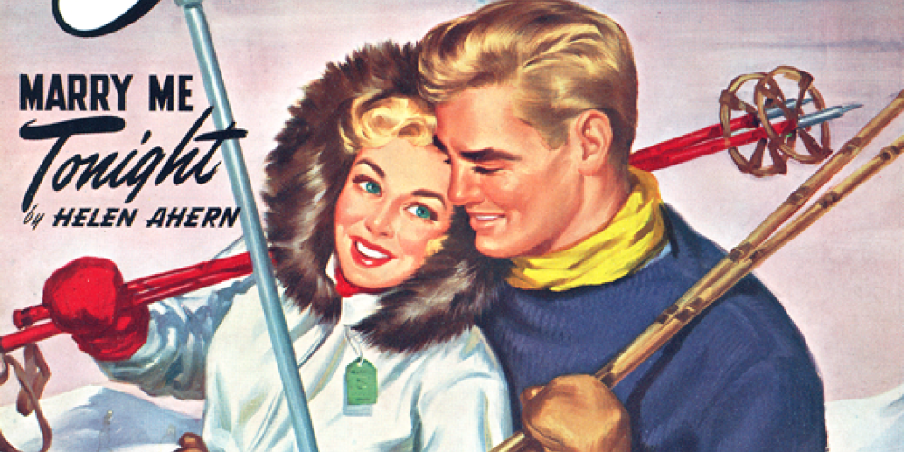 The cover of New Love Magazine (February 1948) celebrated the intimacy of riding uphill on the relatively new T-bar, famously known as a He-and-She Stick. 