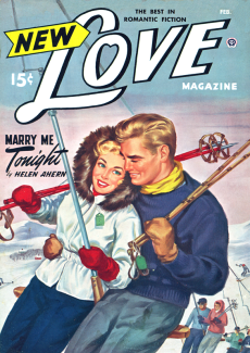 The cover of New Love Magazine (February 1948) celebrated the intimacy of riding uphill on the relatively new T-bar, famously known as a He-and-She Stick. 